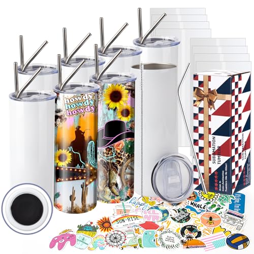 12 Pack 20 oz Sublimation Tumbler Set Double Walled Stainless Steel Skinny Straight Blank Tumbler Sublimation Cup with Lid, Straw, Shrink Wrap, Rubber Base for Heat Transfer Heat Press