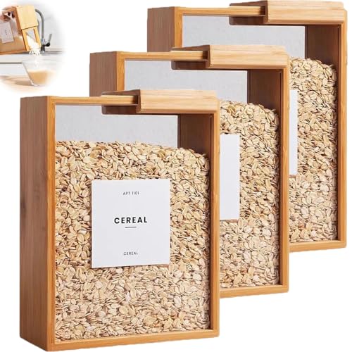 Wooden Cereal Storage Box, Clear Food Storage Box with Lid, Dry Food Dispenser Large Capacity 101oz for Kitchen Organization Cereal, Sugar, Nut, Coffee Bean, Tea, Pasta, Flour, Nuts, Oat, (3pcs)