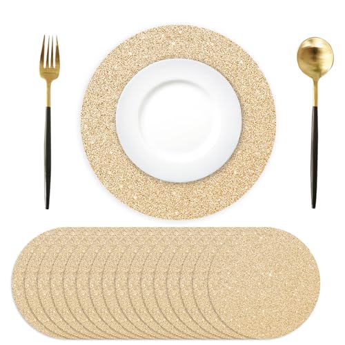 50PCS Light Gold Paper Placemats Disposable 13.4 Inch Shiny Golden Place Mats Round Decorative Glitter Table Mats for Birthday Wedding Holiday Party Decor Sparkle Dining Tableware