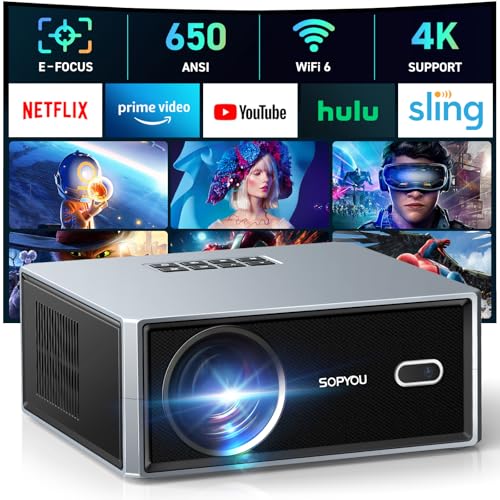 [Electric Focus/Auto Keystone] Projector with WiFi and Bluetooth, 650 ANSI Native 1080P 4K Support Outdoor Movie Projectors Max 450" Display, SOPYOU Home Theater Projector for iOS/Android/TV Stick