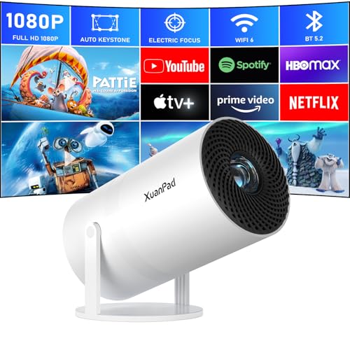 [Electric Focus] Projector with Android System, XuanPad Portable Projector with WiFi 6 and Bluetooth, Auto Vertical Correction, FULL HD 1080P, Outdoor Movie Projector for Phone