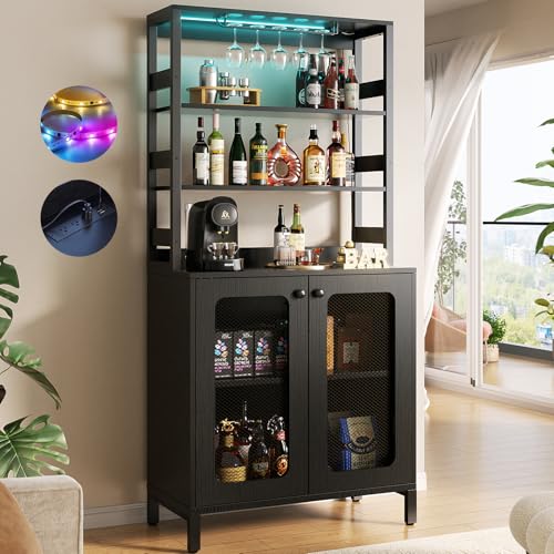 Aheaplus Bar Cabinet with Power Outlets, 67" Tall Wine Bar Cabinet Liquor Cabinet with LED Lights and Glass Holder, Coffee Bar Station for Living Room, Microwave Stand Bakers Rack Cabinet, Black