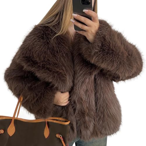 Flygo Women's Faux Fur Coat Fluffy Faux Fur Jacket Long Sleeve Lapel Furry Winter Jackets Shaggy Parka Short Coat(Brown-L)