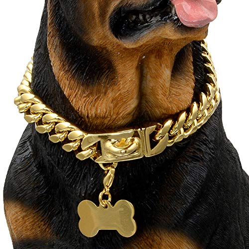 Gold Dog Chain Collar Walking Metal Chain Collar with Design Secure Buckle,18K Cuban Link Strong Heavy Duty Chew Proof for Medium Dogs(14MM, 20")