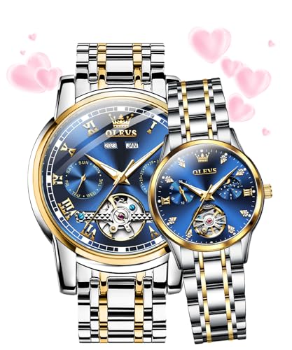 OLEVS Couple Watches Men and Women Automatic His and Her Set Watch Mechanical Tow Tone Stainless Steel Waterproof Luminous Date Wrist Watches Blue