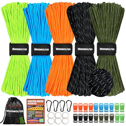 WEREWOLVES 550 Paracord Kits 100ft Each Color - 5 Colors Parachute Cord Combo 7 Strand Type III Parachute Cord 4mm for Crafting, Dog Collar, Survival Bracelets (Reflective, 100FT Each Color)
