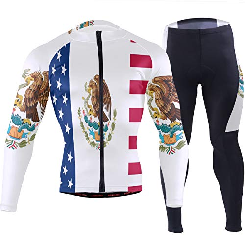 Mexican American Flag Men's Cycling Clothing Sets Long Sleeve Biking Jersey with 4D Padded Long Pants