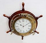 Antique Marine 18" Wooden Ship Wheel Porthole Vintage Clock Nautical Wall Clock Home Decor