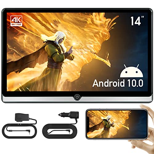 14 inch New 4K Android 10.0 Portable Car TV Headrest Monitor Tablet for back seat, Support Phone Wireless mirroring Touch Screen,with WiFi/Bluetooth/HDMI/USB/AV in/FM/Airplay Video Player 2G+32G(1*PC)