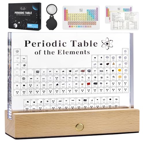 MegaBox Large Periodic Table Of Elements with 83 Real Elements, Acrylic Periodic Table Display With Wooden Stand, 6x Chemistry Formula Reference Cards, Science Teacher Gift Classroom (Large)