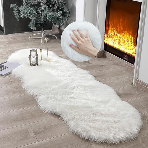 linmopm Faux Fur Rug Sheepskin Shag Fluffy Fuzzy White 2x6 ft Runner Rugs for Bedroom Bedside Bed Floor Living Room Plush High-Density Cushion Carpet Super Sofa Cover