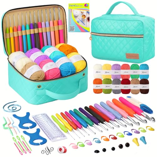 Yarniss Crochet Kits for Beginner, All-Inclusive Crochet Kit for Adults with 14 Size Ergonomic Crochet Hooks,12 Yarns Balls & Bag