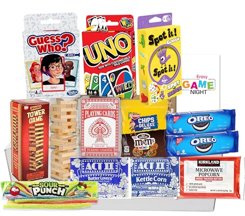 The Ultimate Game Night Gift Baskets for Family, Kids, Teens & Adults | Playing Cards & Snacks & Candy Gift Box for Teenage Birthday | Great Family Games & Movie Night or college, care package