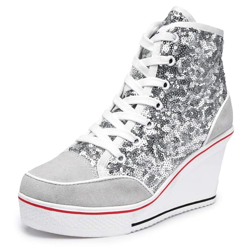 Jiu du Women's Glitter Sneakers Platform Wedge Sneaker Sparkly Sequin High Top Lace Up Sneakers Bling Wedding Dressy Tennis Shoes Silver Sequin Size US9 EU42
