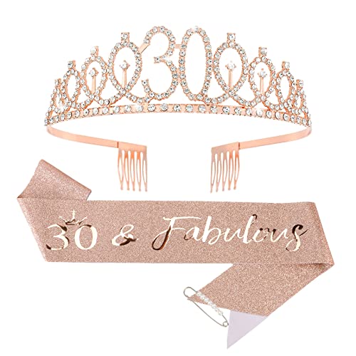 CIEHER 30th Birthday Crown + Sash + Pearl Pin Set, Rose Gold Decorations for Women's 30th Birthday Gifts with Tiara, Cake Topper & Happy Party Decor