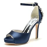 Creativesugar Lady Satin Dress Platform High Heels Wedding Sandals Crystal Back with Free Earrings (Navy blue,9.5)