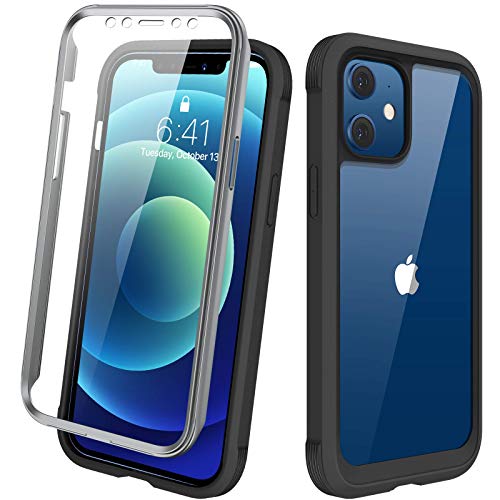 Diaclara Designed for iPhone 12 Mini Case, Full Body Rugged with Built-in Touch Sensitive Anti-Scratch Screen Protector, Soft TPU Bumper Case for iPhone 12 Mini 5.4" (Black and Clear)