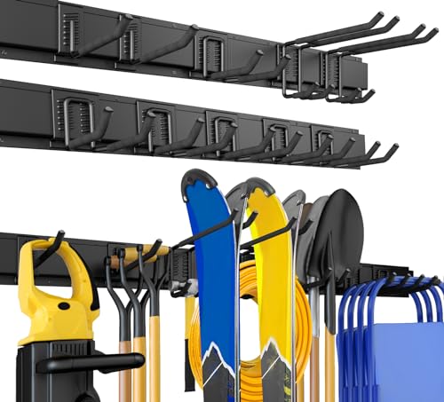 UUP 64 Inches Garage Storage, Garage Organization, Wall Mount Garden Tool Organizer, Max 620lbs Adjustable Metal Hooks, Yard Shed Rack, Tool Holder for Hanging Rake Broom Mop Snowboard, Home Gift