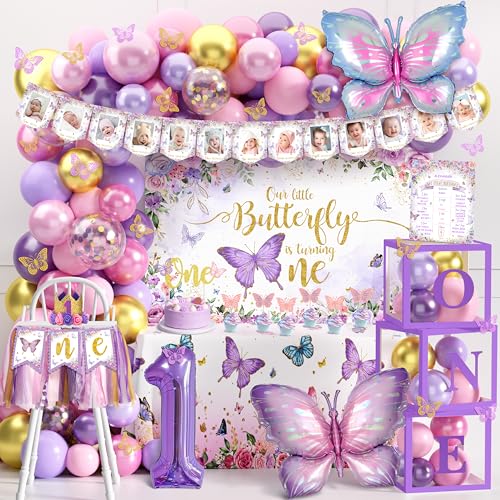 Butterfly First Birthday Decorations for Girl Pink Purple Butterfly 1st Birthday Party Decoration Supplies Include Balloon Arch Balloon Boxes Butterfly Backdrop Tablecloth Birthday Hat