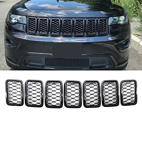 KYYET 7PCS Gloss Black Honeycomb Mesh Front Grill Inserts Trim Rings kits Compatible with 2017 2018 2019 2020 2021 Jeep Grand Cherokee