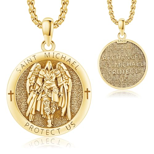 AUDINCEED 18K Gold Plated St Michael Pendant for Men St Michael Necklace 925 Sterling Silver Archangel Michael Necklace Saint Michael Pendant Protect Us Medal Amulet for Men Women