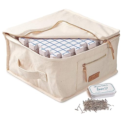 KnitIQ Pack of 9 Blocking Mats for Knitting and Crocheting - Extra Thick Blocking Boards for Crochet Projects - Block Mats for Knitting with Circular Gridlines, 150 T-Pins, and Storage Bag