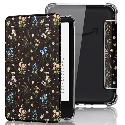 Fancity Compatible with 6" Kindle 11th Generation Case (2024/2022 Release), Lightweight Cover Transparent TPU Back Shell with Smart Sleep/Wake for 2024 2022 Kindle 11th Gen E-Reader, Black Floral
