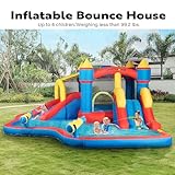 Inflatable Bounce House with Water Slide for Kids, Big Inflated Jumping Bouncy Castle with Blower, Includes Sprinkler, Splash Pool, Basketball Hoop, Water Gun, Climbing Wall, for Outdoor