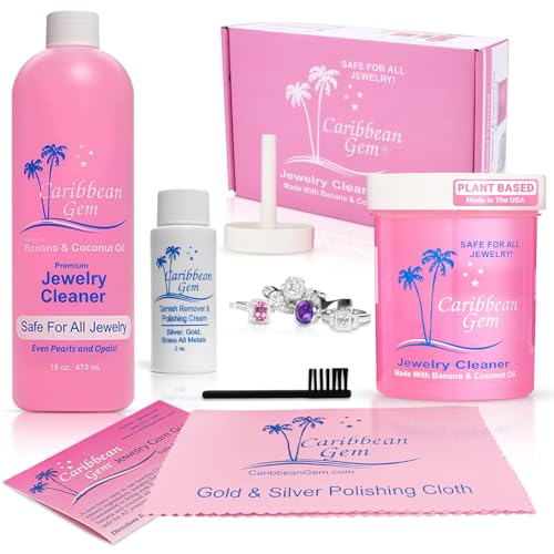 Caribbean Gem Jewelry Cleaner 16oz & 8oz, Basket, Brush, Polishing Cream & Polishing Cloth - Jewelry Cleaning Kit for All Gold, Silver, Diamonds, Rings, Necklaces, Gems, Precious Stones & Metals