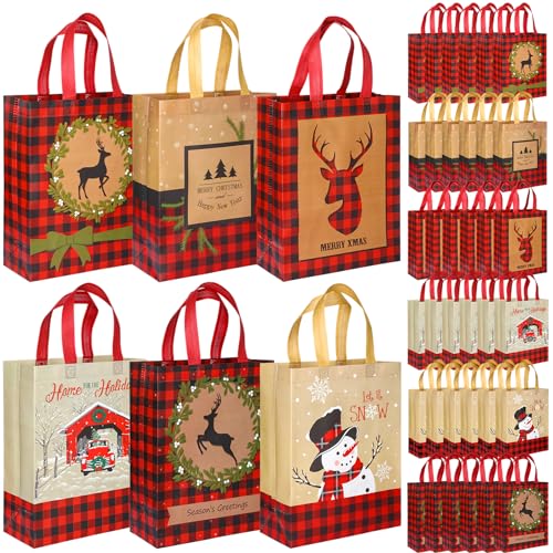 Sweetude 60 Pieces Reusable Christmas Tote Bags Bulk Plaid Reindeer Ugly Sweater Non Woven Christmas Treat Bags with Handle for Xmas Party, 12.6 x 9.84 Inch