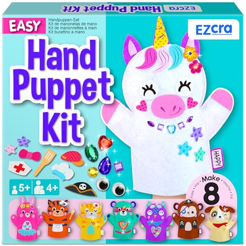 EZCRA Unicorn Hand Puppet Making Kit for Kids Age 5-8 - DIY Puppet Making Craft Kit - Creative Arts & Crafts Set, Educational Gift - 8 Projects, Extra Stickers for Decoration