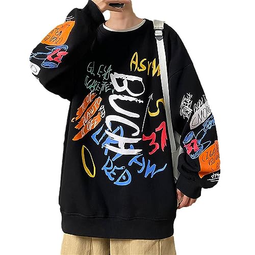 Xingfenly Letter Graffiti Loose Men Sweatshirts Korean Clothing Designer Male Hoodies Spring Autumn s2 Black L