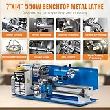 Mini Metal Lathe, 7"x14", Benchtop Metal Lathe, 550W Variable Speed 2250 RPM Metal Lathe, with 9 Metal Gear Mini Lathe Machine, Precision Mini Lathe w/Tool Box Digital Display for Metal Turning