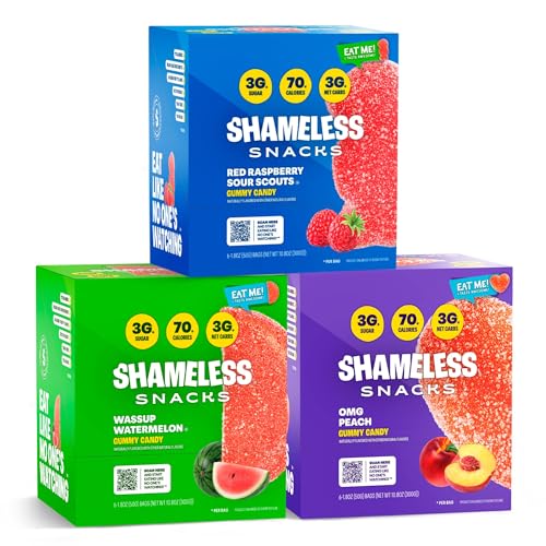 Shameless Snacks Fan Favorites Bundle Healthy Low Carb Keto Gummies Red Raspberry, Watermelon and Sour Peach