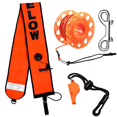 5ft Orange Scuba Diving Surface Marker Buoy SMB, Safety Sausage with Plastic 98ft Finger Spool Reel and Double Ended Hook Clip + Emergency Whistle for Underwater Diving Snorkeling (Orange)