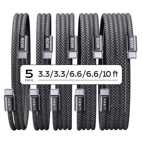 LISEN USB C Cable, 5-Pack [3.3/3.3/6.6/6.6/10FT] USBC to USBC Cable for iPhone 16e 15 Pro Max Charger Cord, 60W (3.1A) C to C Cable Fast Charging for Samsung S25/S24/23, Switch 2, iPad, MacBook