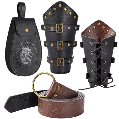 Berenlu 3 PCS Renaissance Accessories, Viking Renaissance Belt Medieval Vintage Belt Pouch and Leather Bracers, Enhance Your Halloween Renaissance Cosplay with Medieval Accessories (Black)