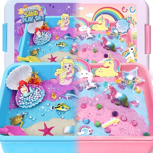 G.C Unicorn Mermaid Sensory Bin for Girl - Play Sand Kit with Sanbox, Sensory Toy Toddler Twin Girl Gift 3 4 5 6 7 8 Year