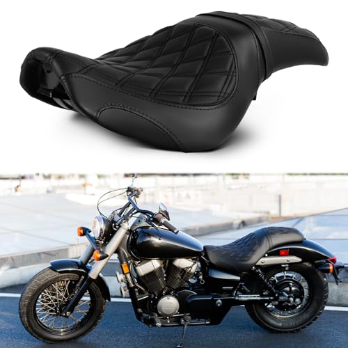 JUNJUMOTO One-Piece Rider Passenger Seat Black Stitching Diamond Pattern Compatible with Shadow Spirit & Phantom VT750 C2 2007-2023 (Black Stitching,Diamond Pattern)