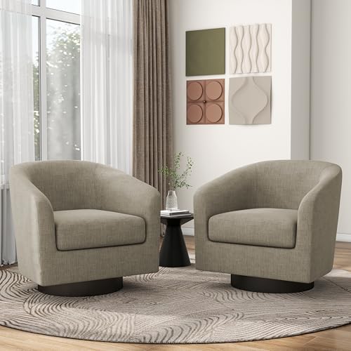 Pia Ricco Swivel Barrel Accent Chairs Set of 2, 360° Swivel Round Sofa Chair, Comfy Upholstered Fabric Single Sofa Club Armchair for Living Room/Reading Room/Bedroom, Light Brown