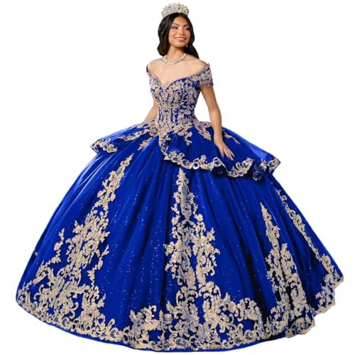 DXUOPL Royal Blue Off Shoulder Quinceanera Dresses with Train Gold Appliques Ball Gown Luxury Tassel Prom Dress Glitter Tulle Puffy Pageant Dress Bow Dresses Size 04