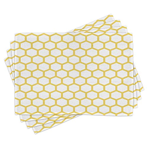 Ambesonne Yellow and White Place Mats Set of 4, Hexagonal Pattern Honeycomb Beehive Simplistic Geometrical Monochrome, Washable Fabric Placemats for Dining Table, Standard Size, Yellow and White