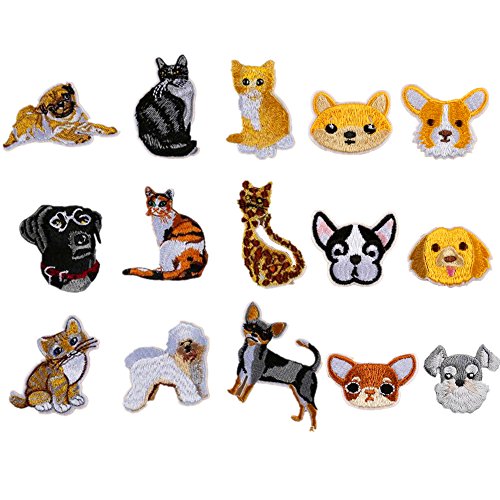 15pcs Cute Dog Cat Iron on Patches Embroidered Applique Motif for DIY Garments Embellishment Earring Making(Dog+Cat)