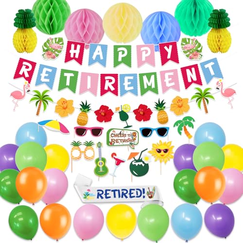 Hawaiian Luau Retirement Party Decorations - Summer Beach Pool Happy Retirement Party Supplies (Tropical Pineapple Honeycomb Balls Photo Booth Props Banner Balloons Retired Sash)