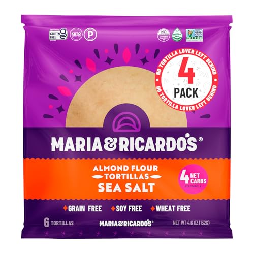 Maria & Ricardo's KETO Tortillas | Almond Sea Salt | Low Carb | Grain Free | Paleo | Non GMO | Vegan | Gluten Free | KETO Certified Tortilla Wraps. (4 Pack, 6 Tortillas per Pack)