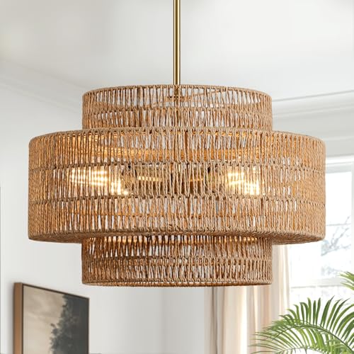 InterMaka 4-Light Boho Rattan Chandelier Light Fixture, 17.7” Hand Woven Rustic Chandeliers Farmhouse Chandelier Hanging Light for Dining Room Kitchen Island, Living Room, Foyer