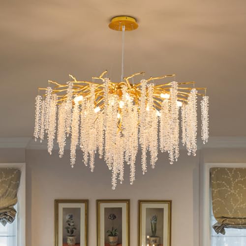 Puvaue Crystal Tree Branches Chandeliers Luxury Round Raindrop Pendant Light Fixture Ceiling Hanging Light for Dining Room Bedroom Living Room Entryway D31.5“ Gold