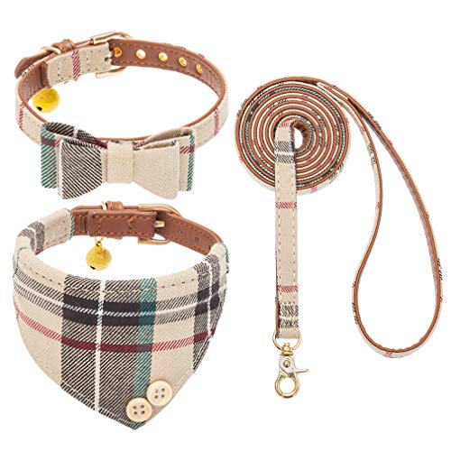 EXPAWLORER Dog Collar and Leash Set - Classic Plaid Puppy Bow Tie and Cat Bandana Collar with Bell, Pet Leash Tangle Free, Adjustable for Small Medium Large Pets, Holiday Ideal Gift