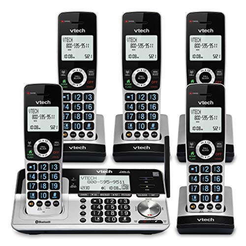 VTech VS113-5 Extended Range 5 Handset Cordless Phone for Home with Call Blocking, Connect to Cell Bluetooth, 2" Backlit Screen, Big Buttons, and Answering System, Silver & Black