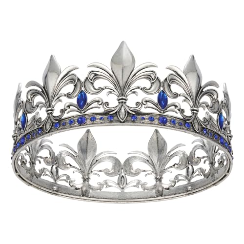 SWEETV Antique Silver King Crown for Men/Women (Unisex), Men's Tiara Prince Diadem, Crystal Medieval Headwear, Royal Costume Hair Accessories for Cosplay Birthday Wedding Halloween, Blue